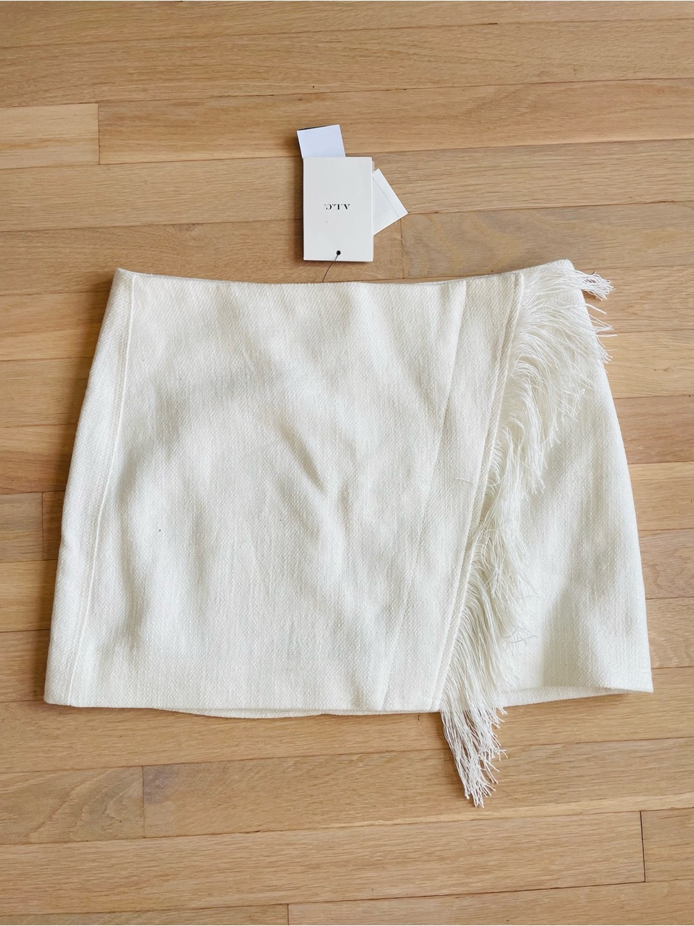 A.L.C. Kelly Boucle Ivory Fringe Linen Wrap Mini Skirt